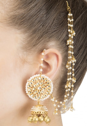 Gold Finish Kundan and Pearl Jhumki Earrings
