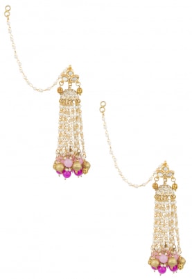 Gold Finish Kundan and Pearl Tasseled Pink Ball Earrings