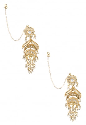 Gold Finish Kundan and Pearl Crescent Earrings