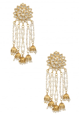 Gold Finish Kundan and Pearl Chain Tassel Earrings