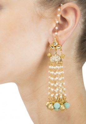 Gold Finish Kundan and Pearl Tassel Blue Beads Earrings