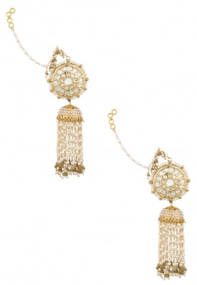Gold Finish Kundan and Pearl Tassel Jhumki Earrings