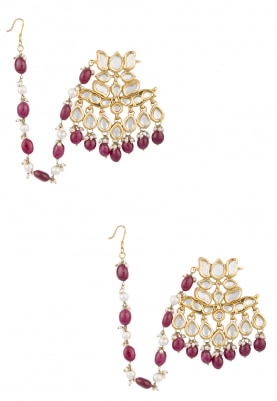 Gold Finish Kundan and Red Beads Earrings