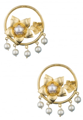 Gold Finish 3D Flower Motif Hoops Earrings