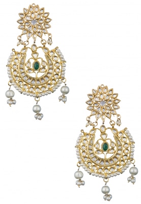 Gold Finish Kundan and Pearls Studded Chandbali Earrings