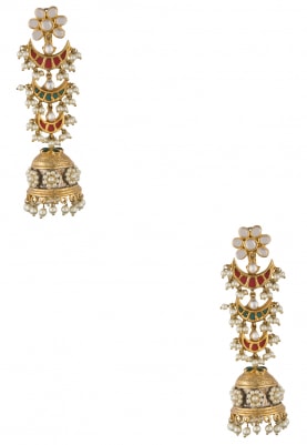Gold Finish Kundan and Pearl Multicolour Jhumki Earrings