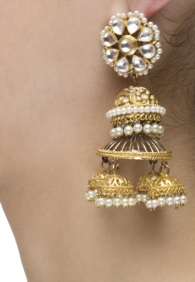 Gold Finish Kundan and Pearl Studded Jhumki Earrings