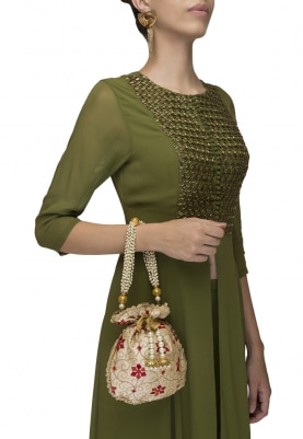 Beige Embroidered Potli with Lace On Side with Tassel On Draw-String and Pearl Sling