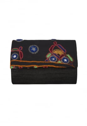 Black Muti-Color Traditional Embroidered Flap Envelope Clutch
