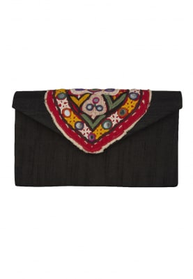 Black Traditional Embroidered V Shape Flap Traditonal Envelope Clutch