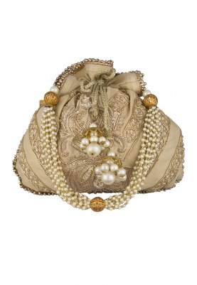 Golden Intricately Hand Embroidered Potli with Heavy Tassel Draw-String and Pearl Sling