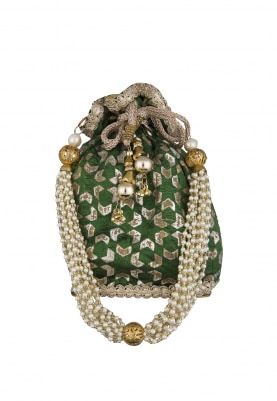 Green Golden Printed Potli with Detacable Pearl Sling Clain