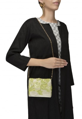 Lime Green with Green Thread and Sequin Work Floral Design Envelope Clutch