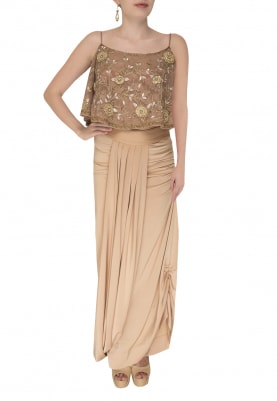 Beige Cape Fringe Detailing Top with Wrap Skirt
