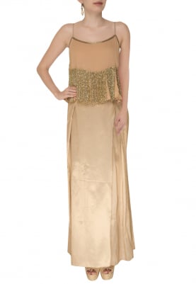 Beige Floral Embroidered Cape Flare Top with Asymmetric Draped Dhoti Skirt