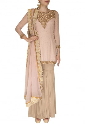 Pale Pink All-Over Embroidered Short Kurta with Gharara Pants  and Dupatta