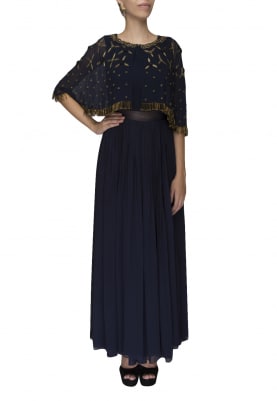 Blue gown with embroidered short cape