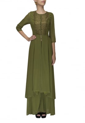 Green polti embellished panel high low kurta with flared palazzo