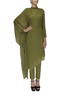 Green poncho style high low chinese collar kurta with slim ankle length pants