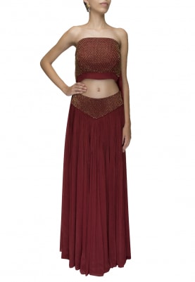 Maroon bardot embroidered bustier crop top and trail at back with bardot embellished waist palazzo 