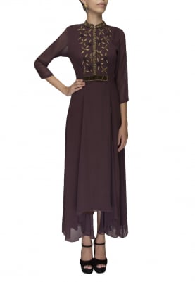 Wine high low panel kurta with embroidered yoke and legging