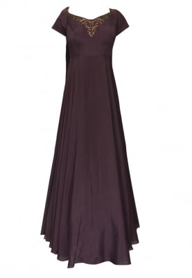 Wine art embroidered back drape gown 