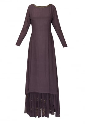 Wine long kurta with attached embroidered transparent flare