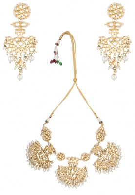 Gold Finish Kundan and 
Pearls Studded Crescent Necklace Set