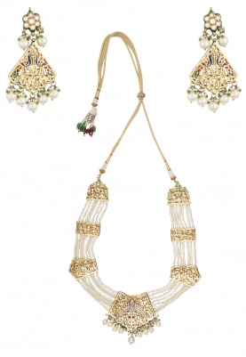 Gold Finish Kundan and 
Pearls Studded Raani Haar Neckalce Set