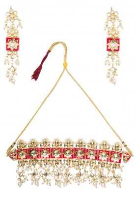 Gold Finish Kundan, Pearls and 
Red Enamel Necklace Set