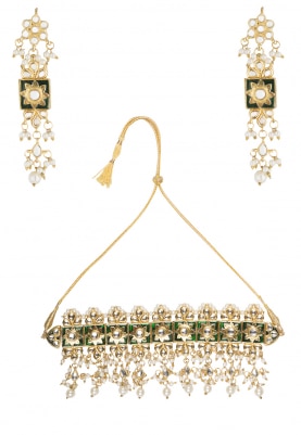 Gold Finish Kundan, Pearls and 
Green Enamel Necklace Set
