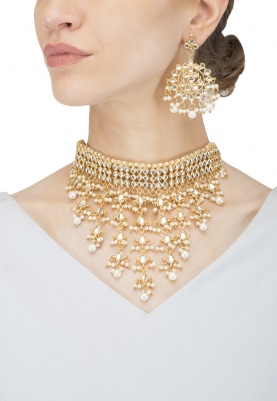 Gold Finish Pearl Jaal Studded Necklace Set