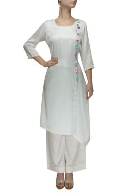 Ice Blue Kurta with Silk Thread and Bead Work On Front Panel with Palazzo