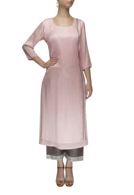 Baby Pink Asymmetric Kurta Hand Embroidered with Crop Palazzo