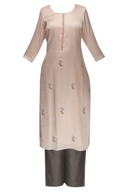 Peach Hand Embroidered Kurta with Contrasting Crop Palazzo