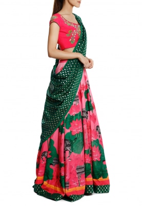 Pink Virtual Blouse and Flower Pot Embroidery and Pink Lotus Lehenga with Zari Tear Drop Emerald Dupatta