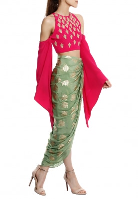 Pink Kalash Print Cold Shoulder Blouse with Fish Print Draped Skirt