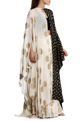 Half & Half Monochrome Gold Print Cape, Black Bustier with Ivory Crushed Skirt