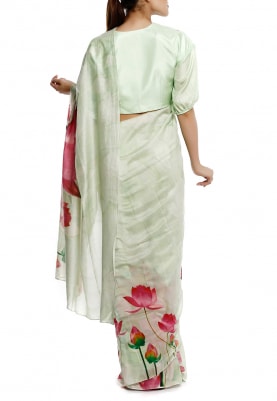 Mint Lotus Print Saree and Blouse Fabric