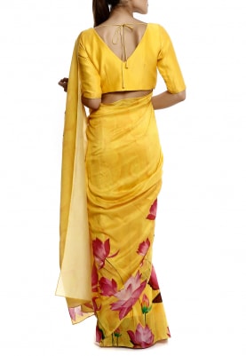 Yellow Lotus Print Saree and Blouse Fabric