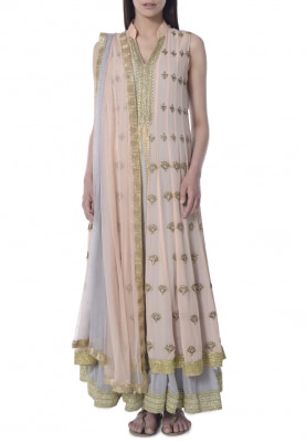 Peach and Grey Double Layer Embroidered Anarkali with Shaded Dupatta