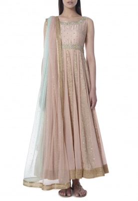 Nude Zardozi and Sequin Panel Embroidered Anarkali with Shaded Bordered Dupatta