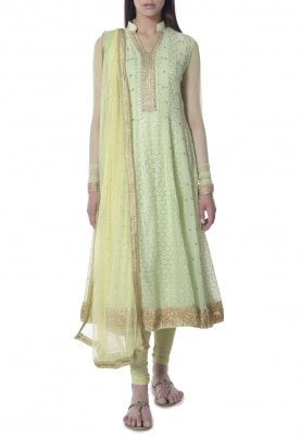 Lime Green Anarkali with Lemon Dupatta Hand Embroidered with Mukaish Work