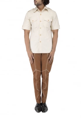 Beige Safari Style Shirt with Side Vent Paired with Brown Piping Detailing Trouser