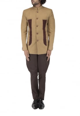 Khaki Leather Patch with Loop Bandhgala with Pin Tuck Brown Breeches