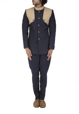 Navy Blue Bandhgala with Beige Detailing with Handwork Knee Patch Breeches