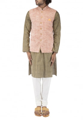 Orange Chinese Collar Cotton Khadi Jacket with Contrast Button
