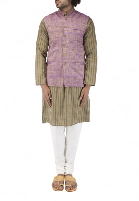 Purple Chinese Collar Cotton Khadi Jacket with Contrast Button