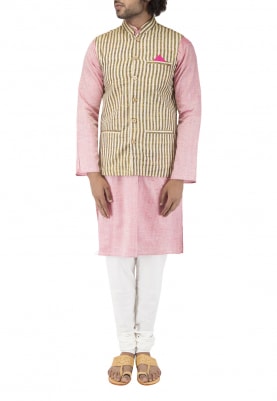 Beige Chinese Collar Cotton Khadi Jacket with Contrast Button