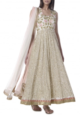 Ivory Sequin and Katdana Embroidered Anarkali with Shaded Bordered Dupatta